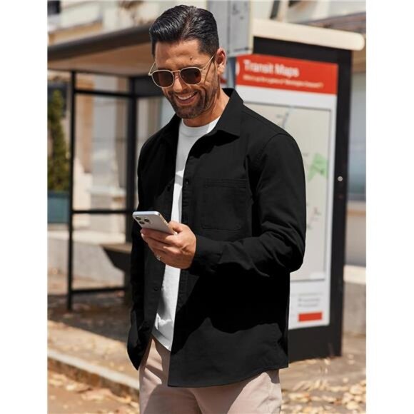 Mens Lightweight Shirt Jacket Button Down Casual Shacket Overshirt Long Sleeve - Picture 2 of 5